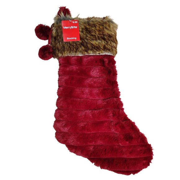 Merry Bright 21 inch Faux Fur Burgundy Christmas Stocking With Pom-Pom Accent - Picture 2 of 4